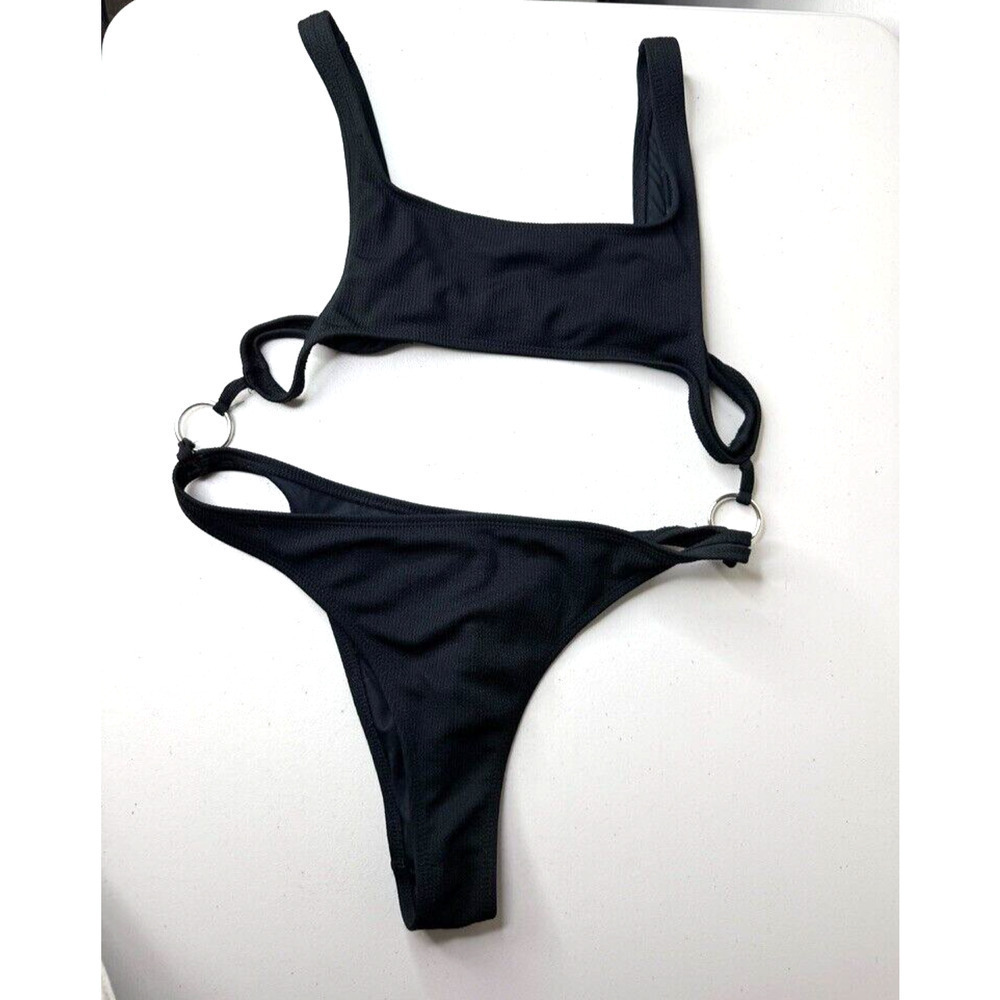 Women's MOTEL Black Two Piece Swim Suit Bikini Bottom Medium Ribbed Hoop Square - Picture 1 of 7